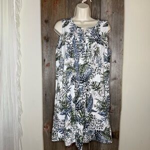 Mon Renn Anthropologie Linen Pleated Tropical Print Shift Dress XS